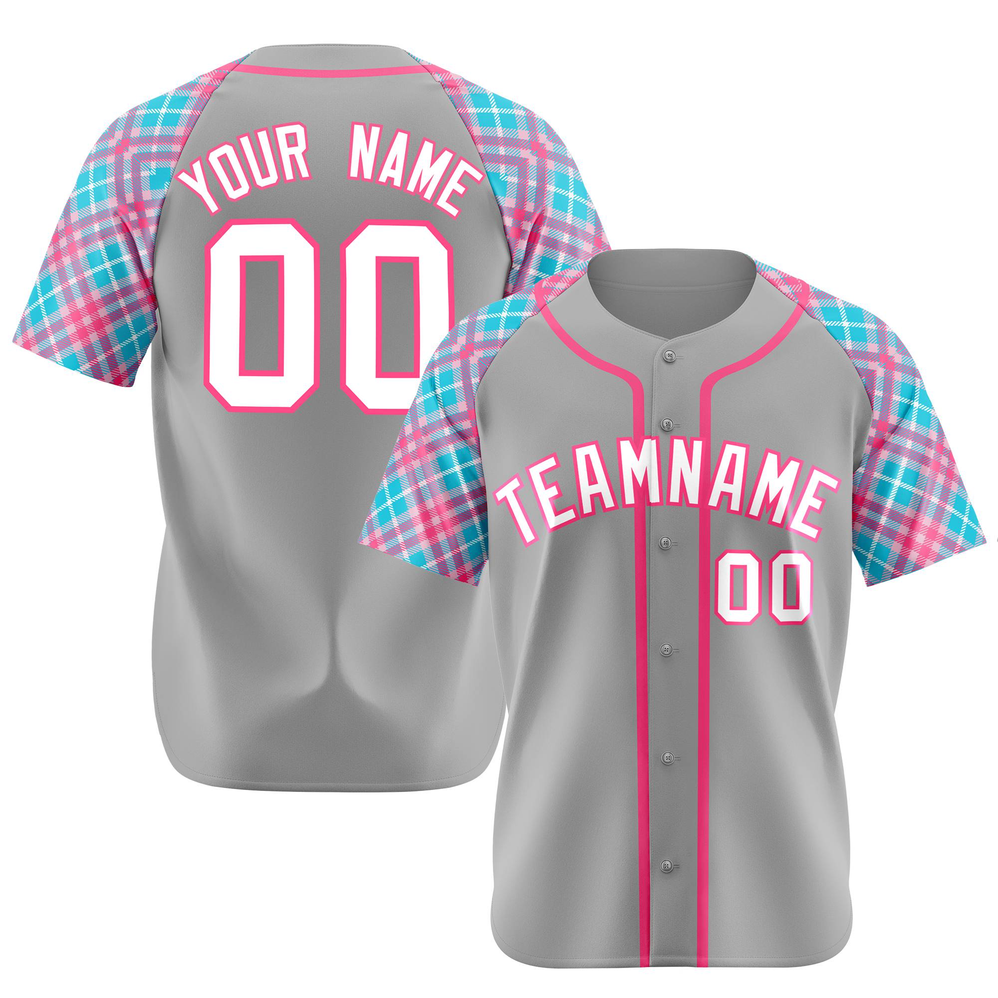 Custom Gray Blue-Pink White Authentic Plaid sleeve Baseball Jersey