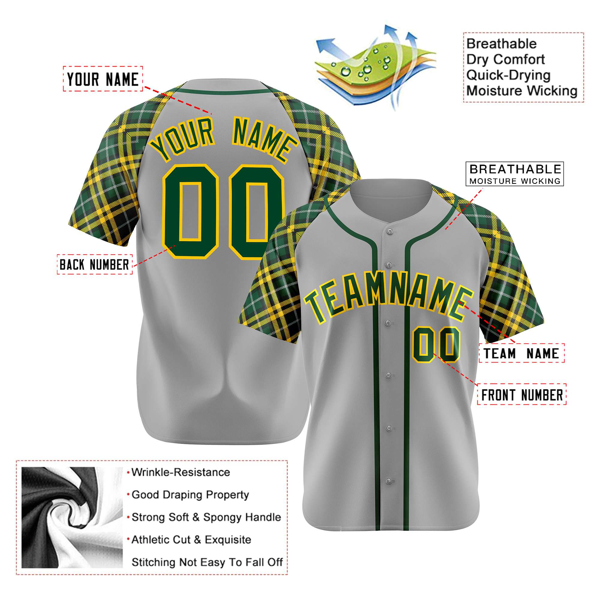 Custom Gray Green-Gold Authentic Plaid sleeve Baseball Jersey