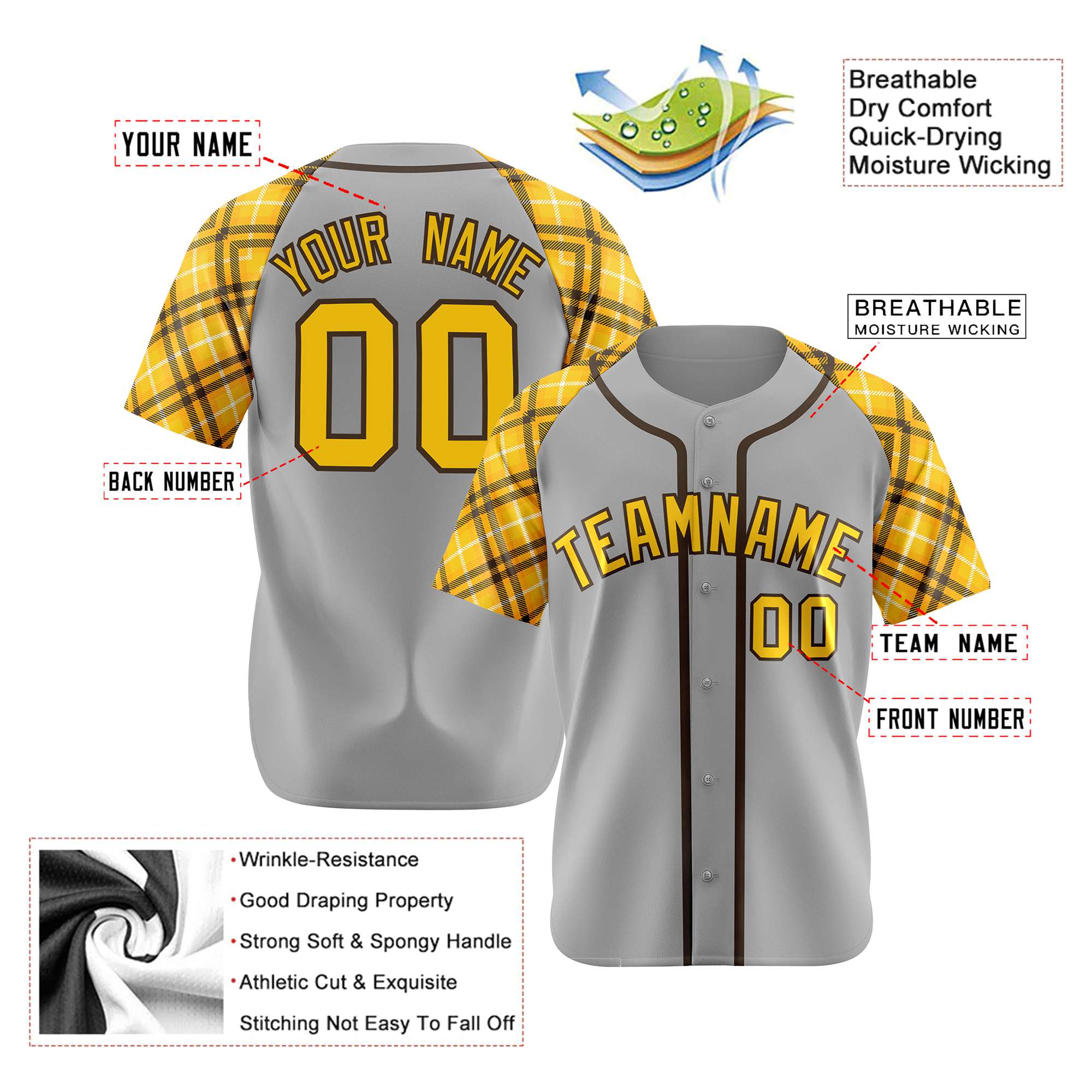 Custom Gray Yellow-Black Authentic Plaid sleeve Baseball Jersey