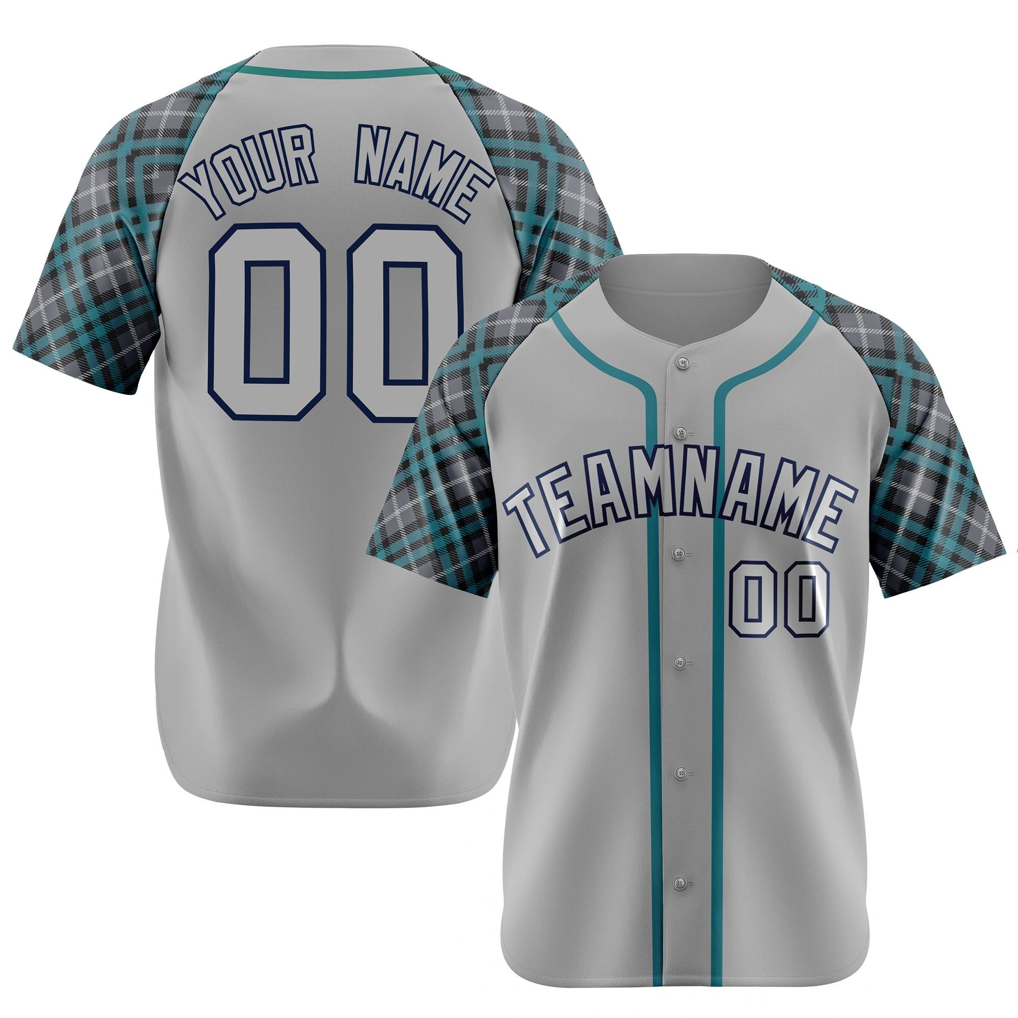 Custom Gray Midnight-Green Navy Authentic Plaid sleeve Baseball Jersey