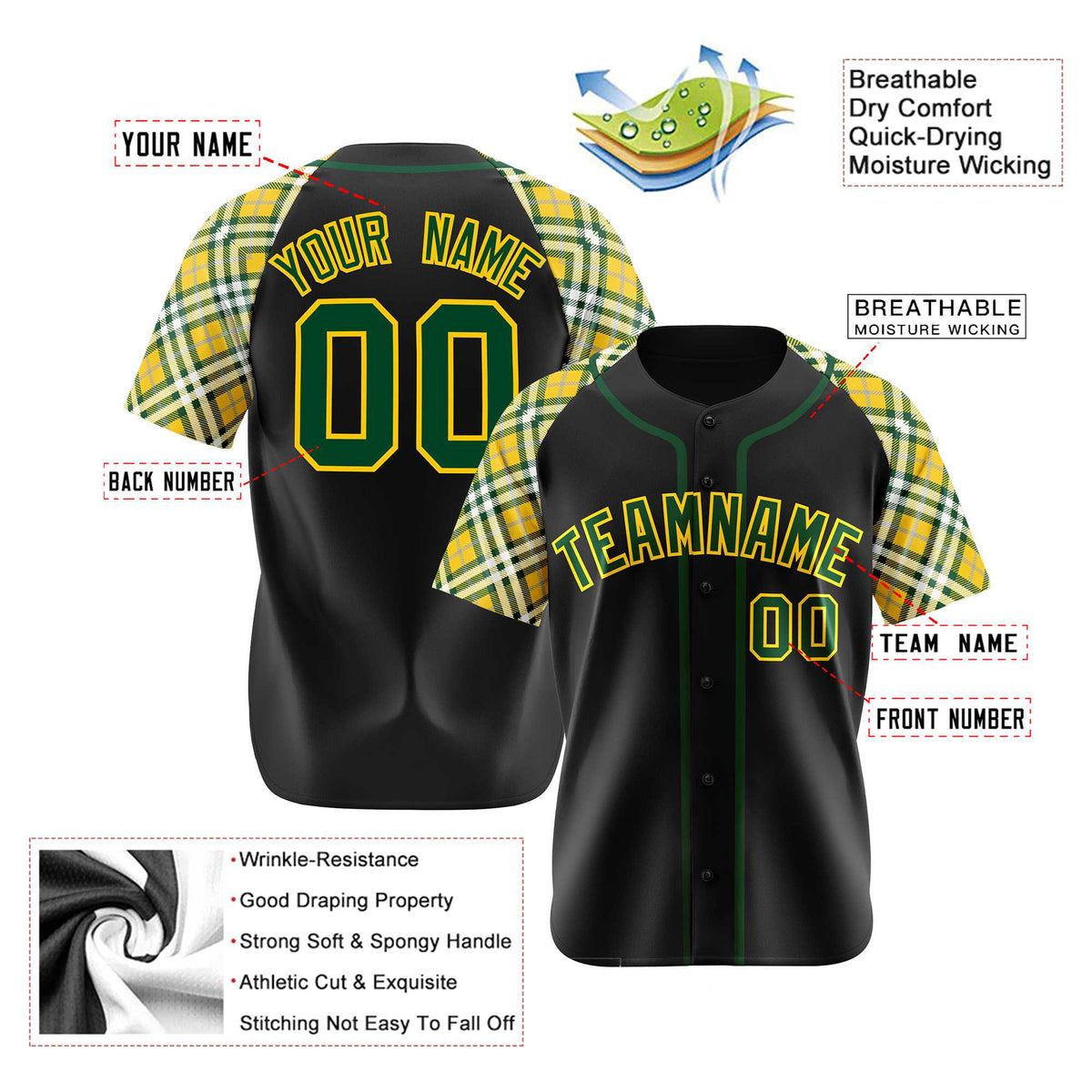 Custom Black Yellow Midnight-Green Authentic Plaid sleeve Baseball Jersey