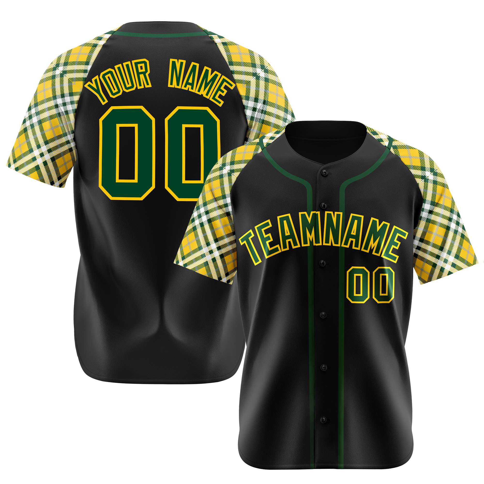 Custom Black Yellow Midnight-Green Authentic Plaid sleeve Baseball Jersey