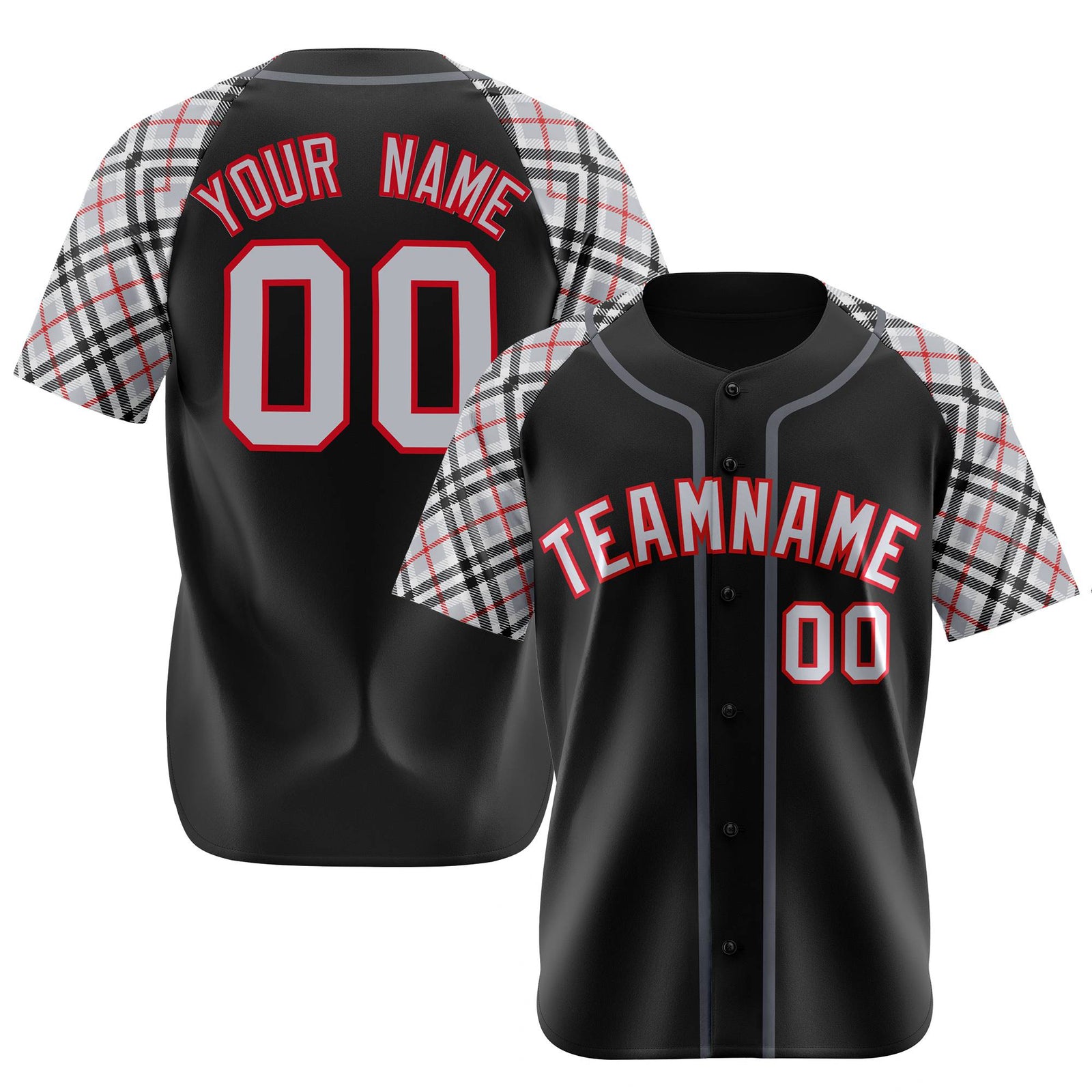 Custom Black Gray-Red Authentic Plaid sleeve Baseball Jersey