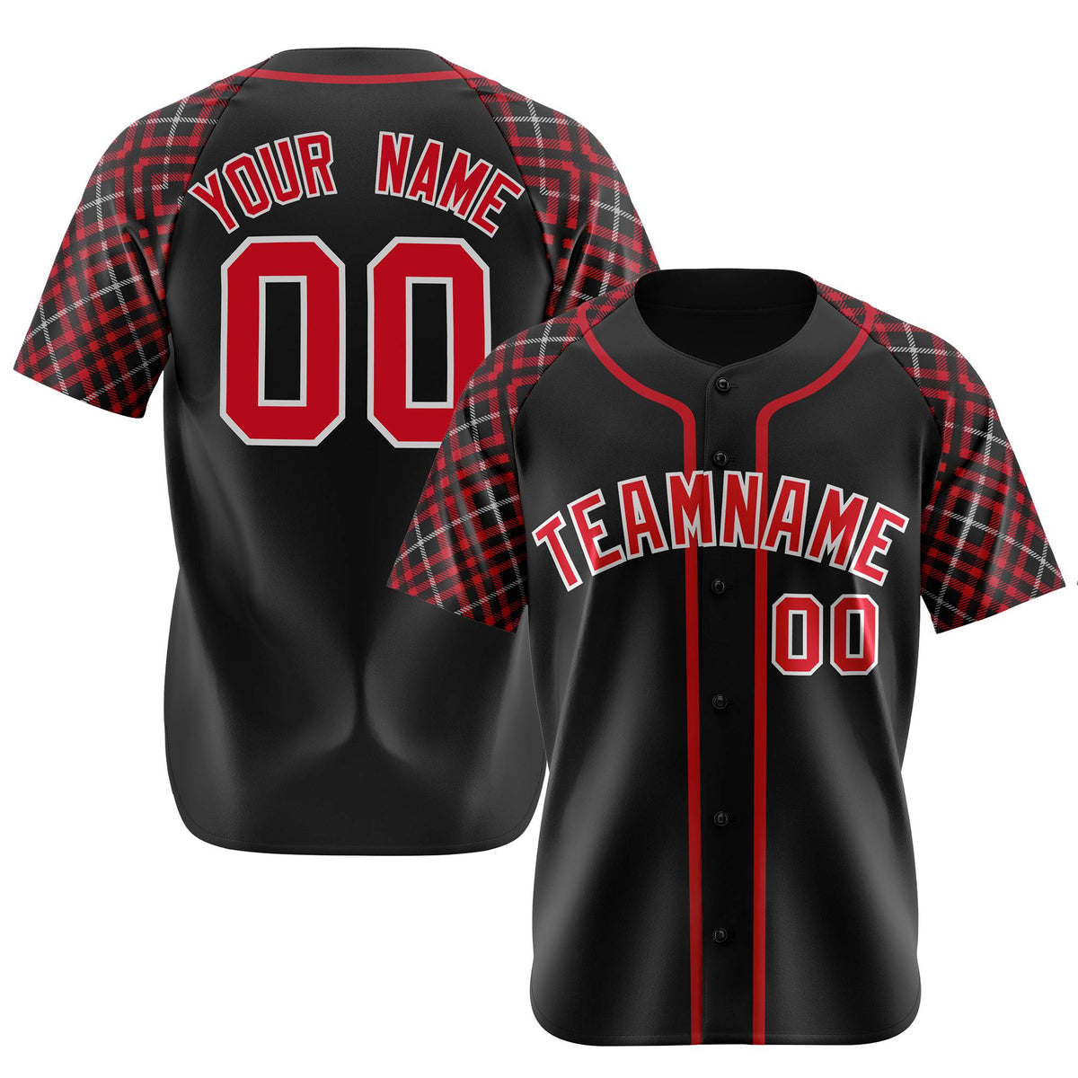 Custom Black Crimson-White Authentic Plaid sleeve Baseball Jersey