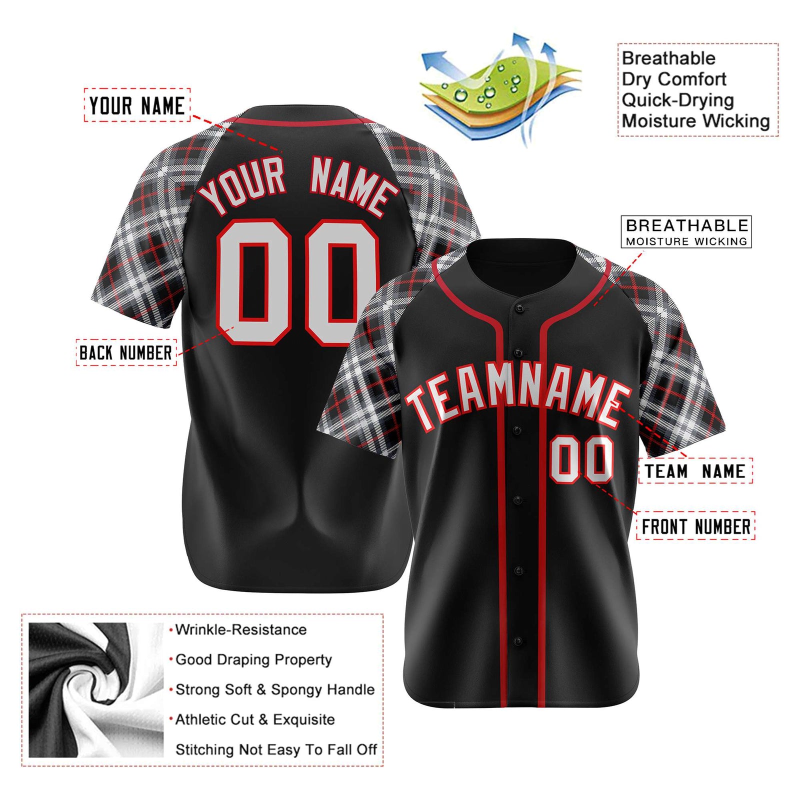 Custom Black Red-White Authentic Plaid sleeve Baseball Jersey