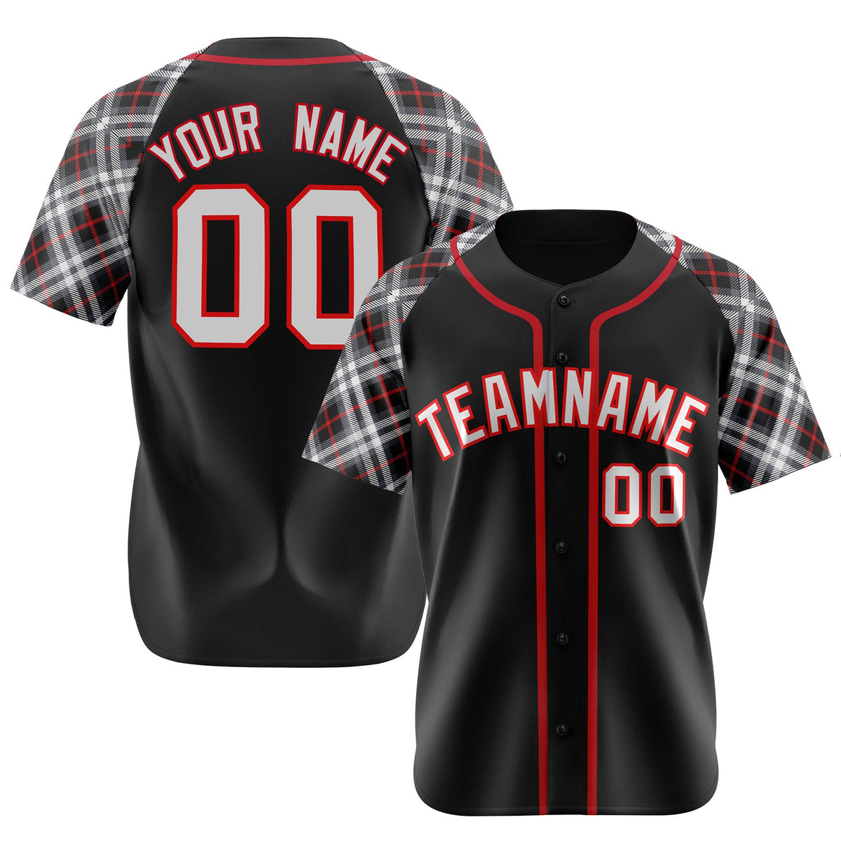 Custom Black Red-White Authentic Plaid sleeve Baseball Jersey