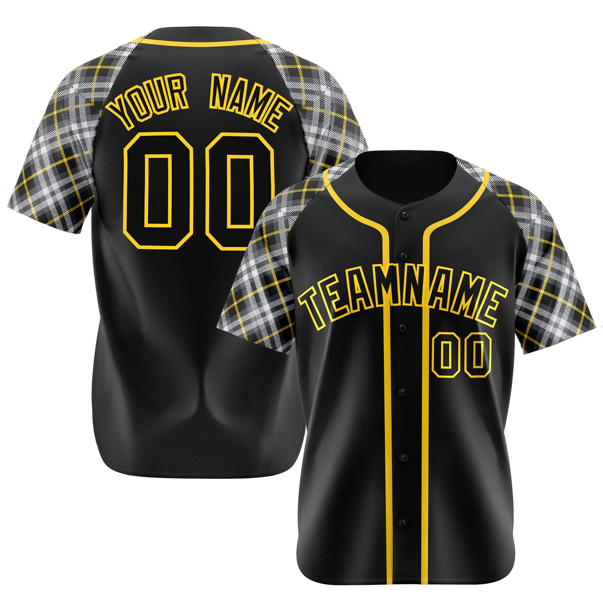 Custom Black Yellow-White Authentic Plaid sleeve Baseball Jersey