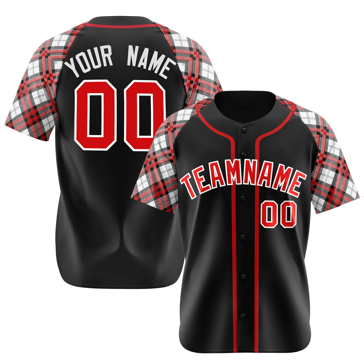 Custom Black Fire-Red White Authentic Plaid sleeve Baseball Jersey