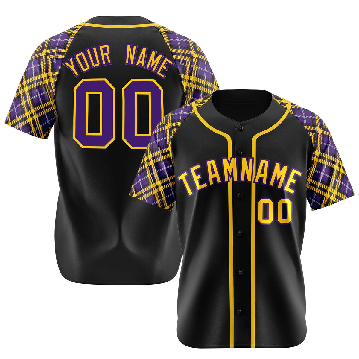 Custom Black Purple-Yellow Authentic Plaid sleeve Baseball Jersey