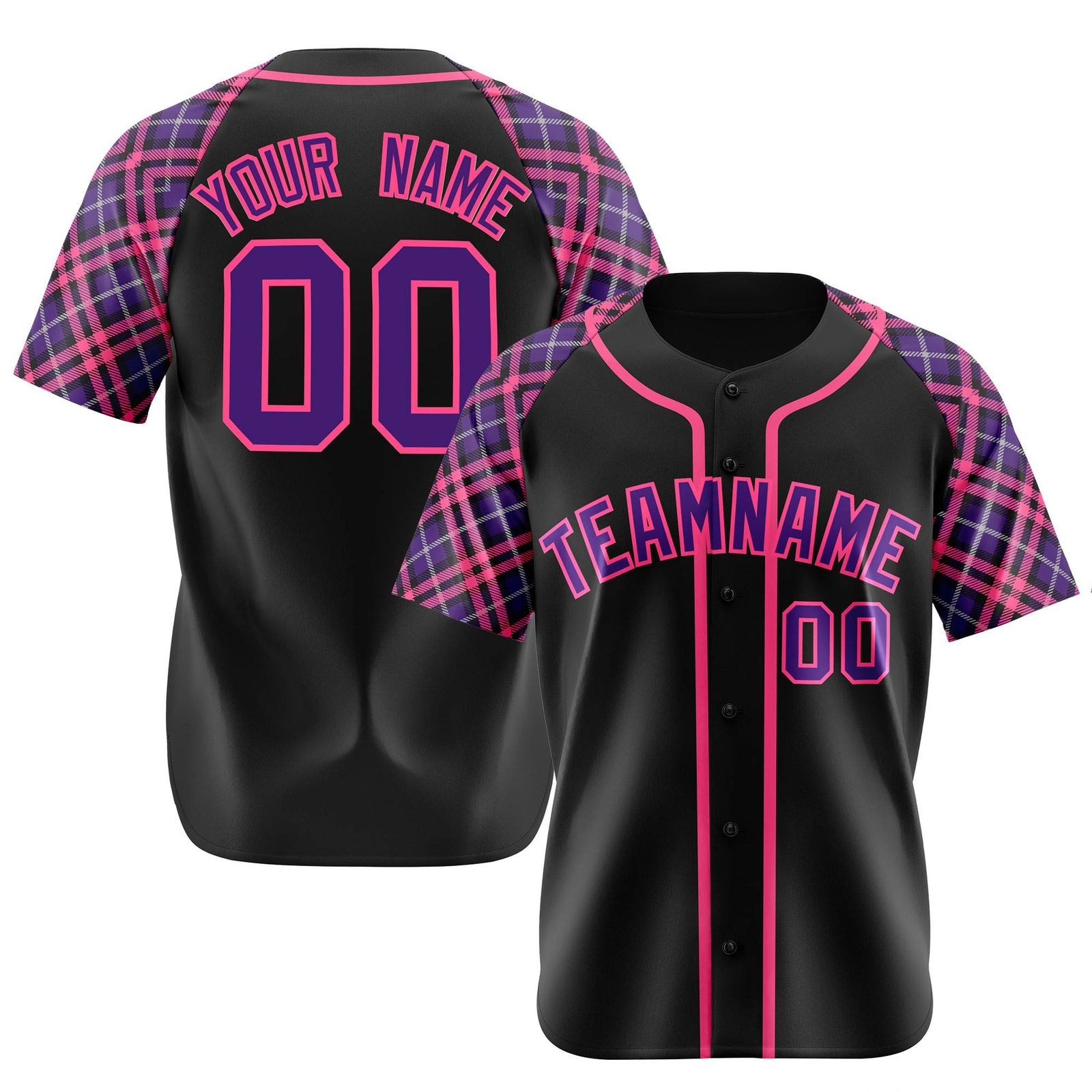 Custom Black Purple-Pink Authentic Plaid sleeve Baseball Jersey