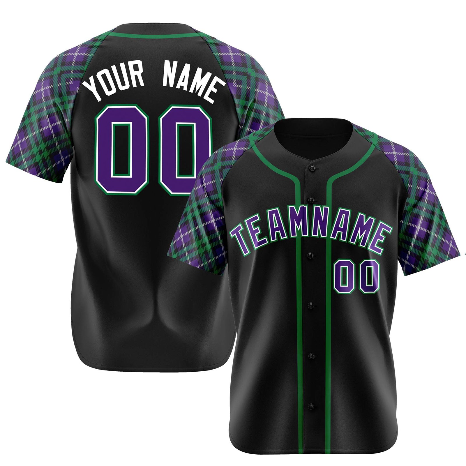 Custom Black Purple-Green Authentic Plaid sleeve Baseball Jersey
