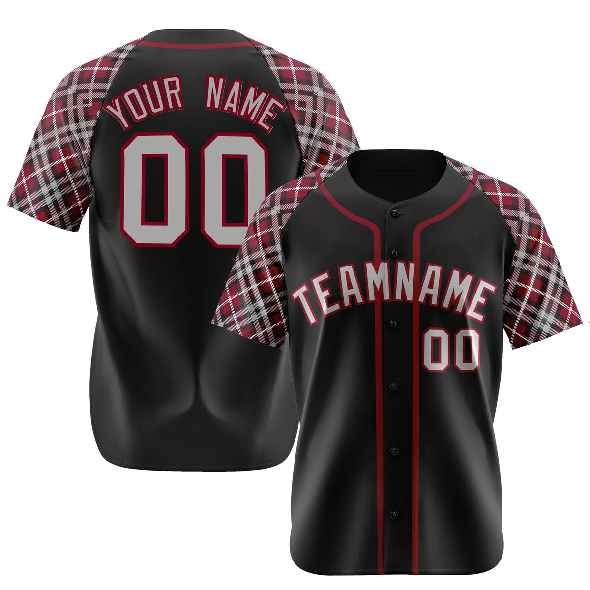 Custom Black Crimson-Gray Authentic Plaid sleeve Baseball Jersey
