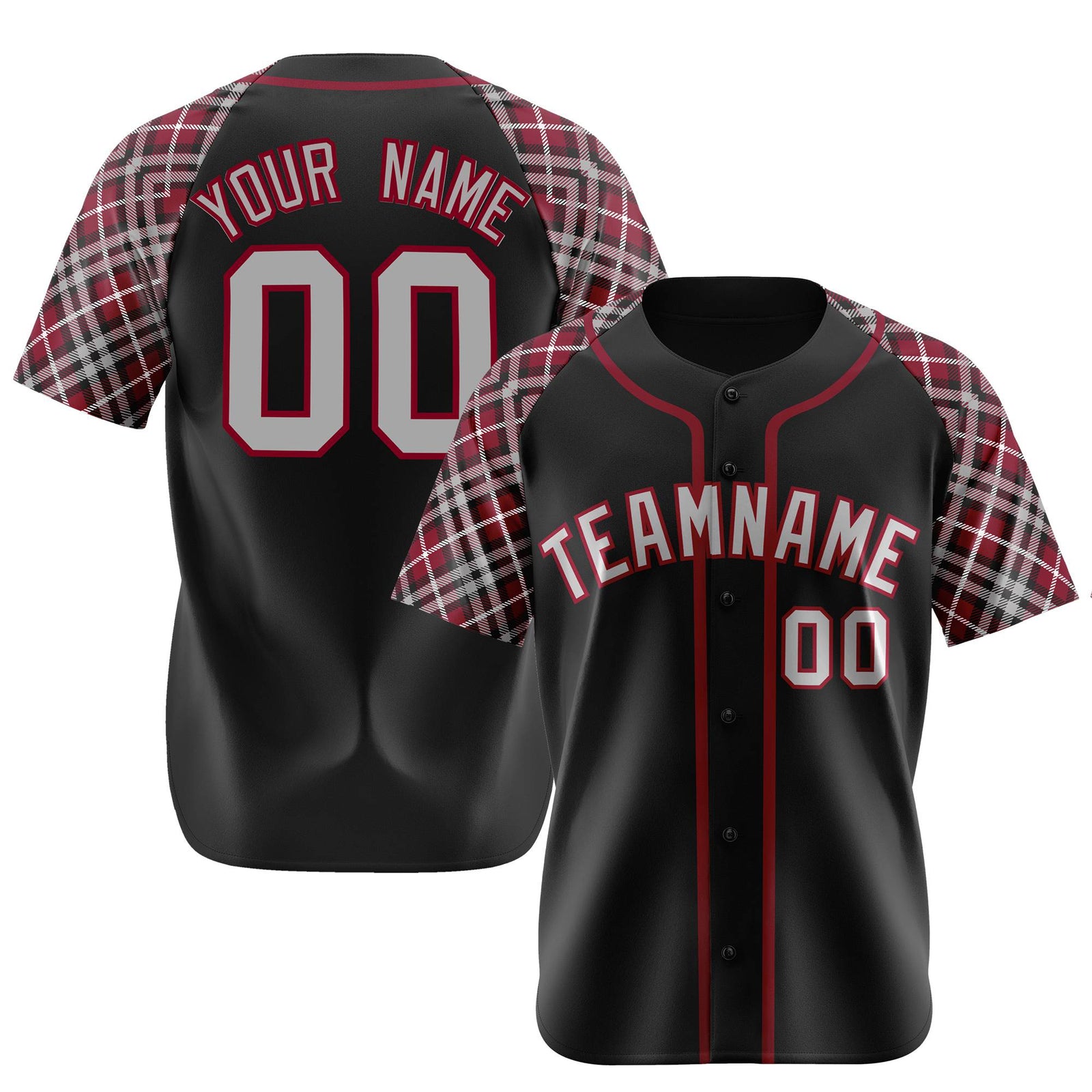 Custom Black Crimson-Gray Authentic Plaid sleeve Baseball Jersey