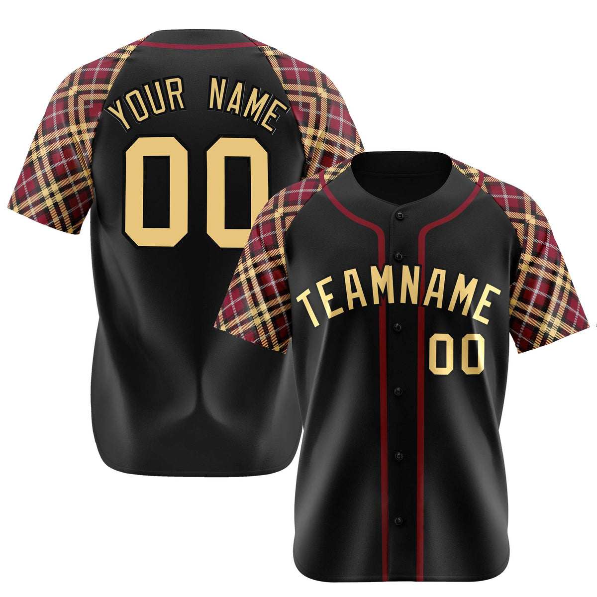 Custom Black Crimson Old-Gold Authentic Plaid sleeve Baseball Jersey