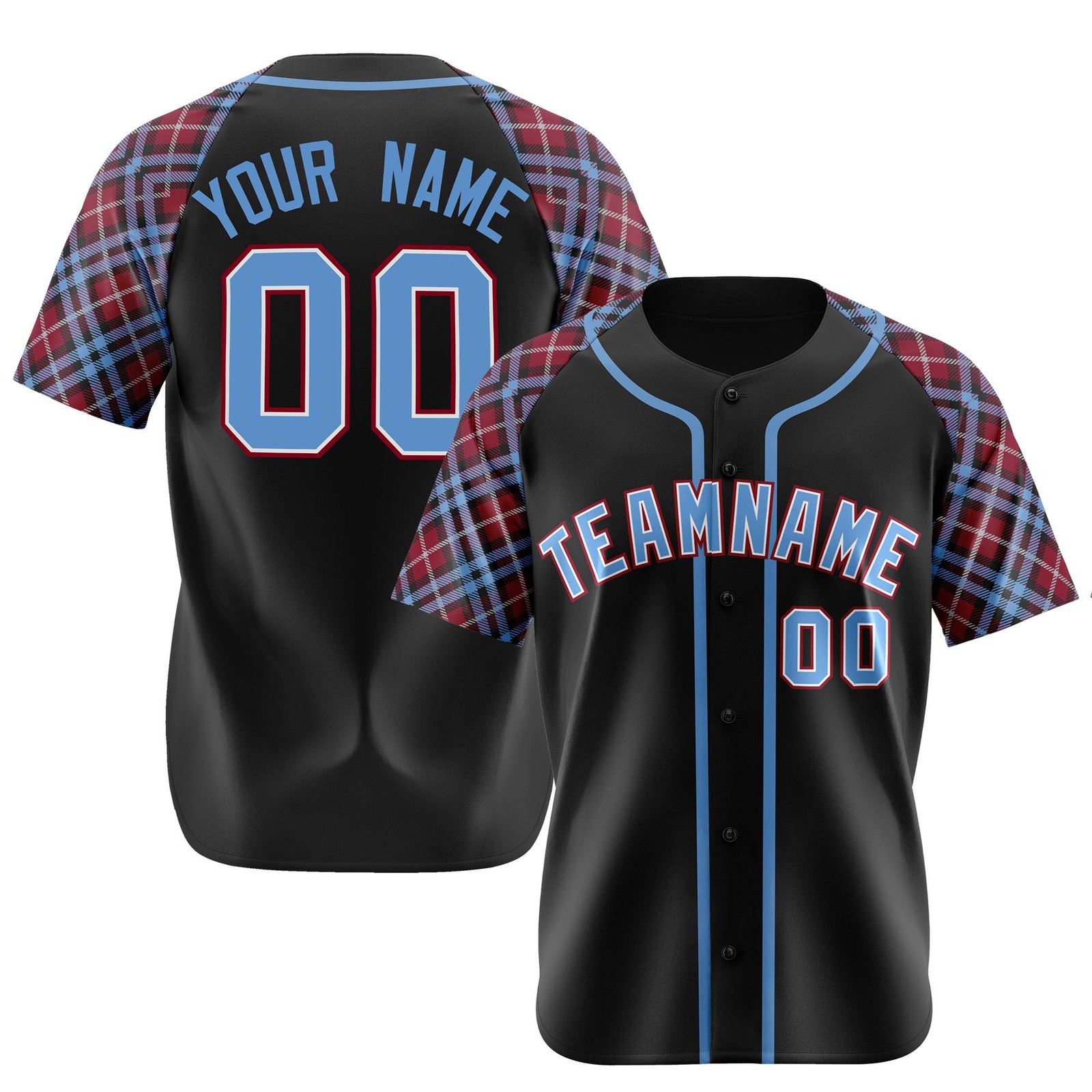 Custom Black Crimson-Blue White Authentic Plaid sleeve Baseball Jersey