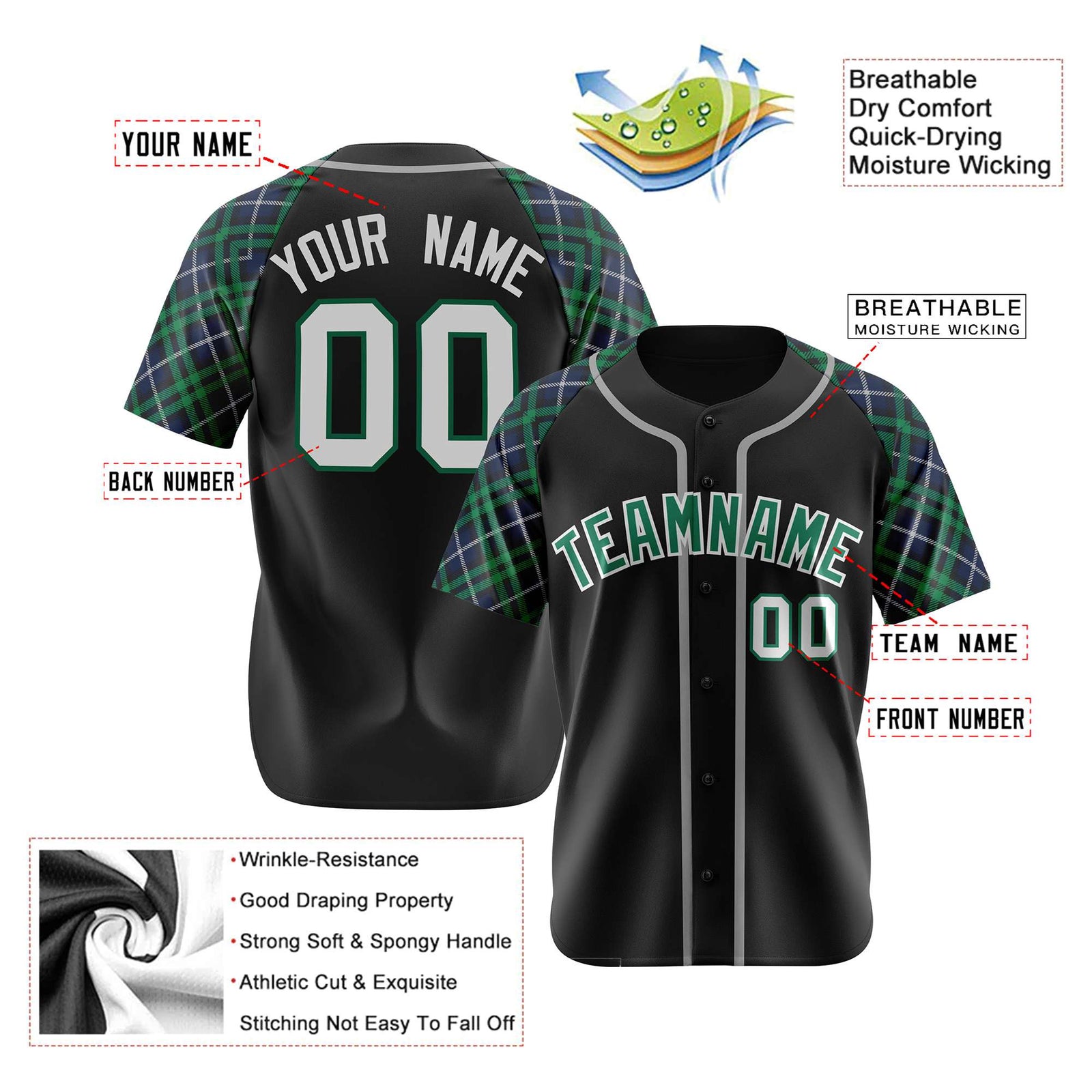 Custom Black Green-Gray Navy Authentic Plaid sleeve Baseball Jersey