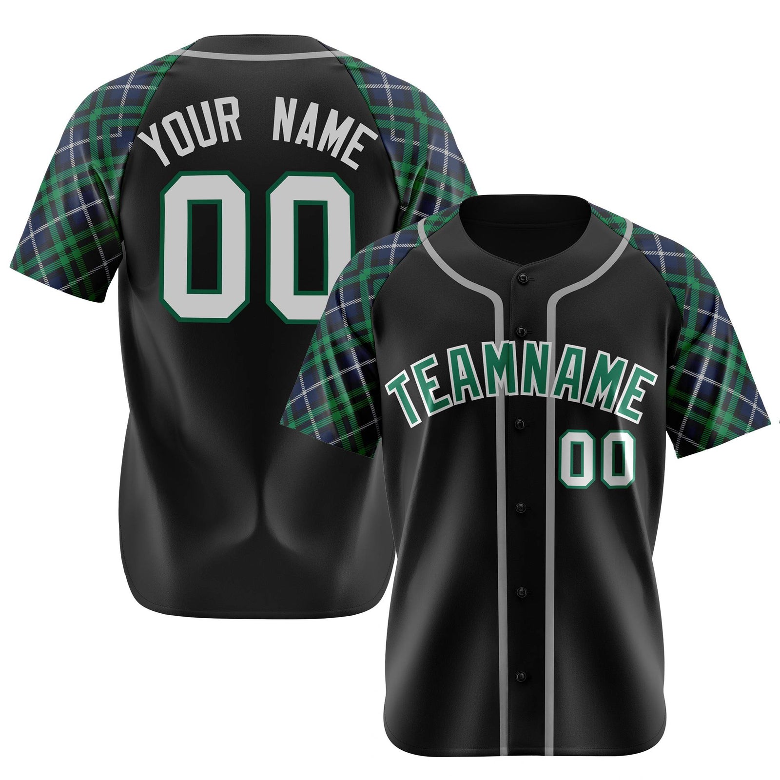 Custom Black Green-Gray Navy Authentic Plaid sleeve Baseball Jersey