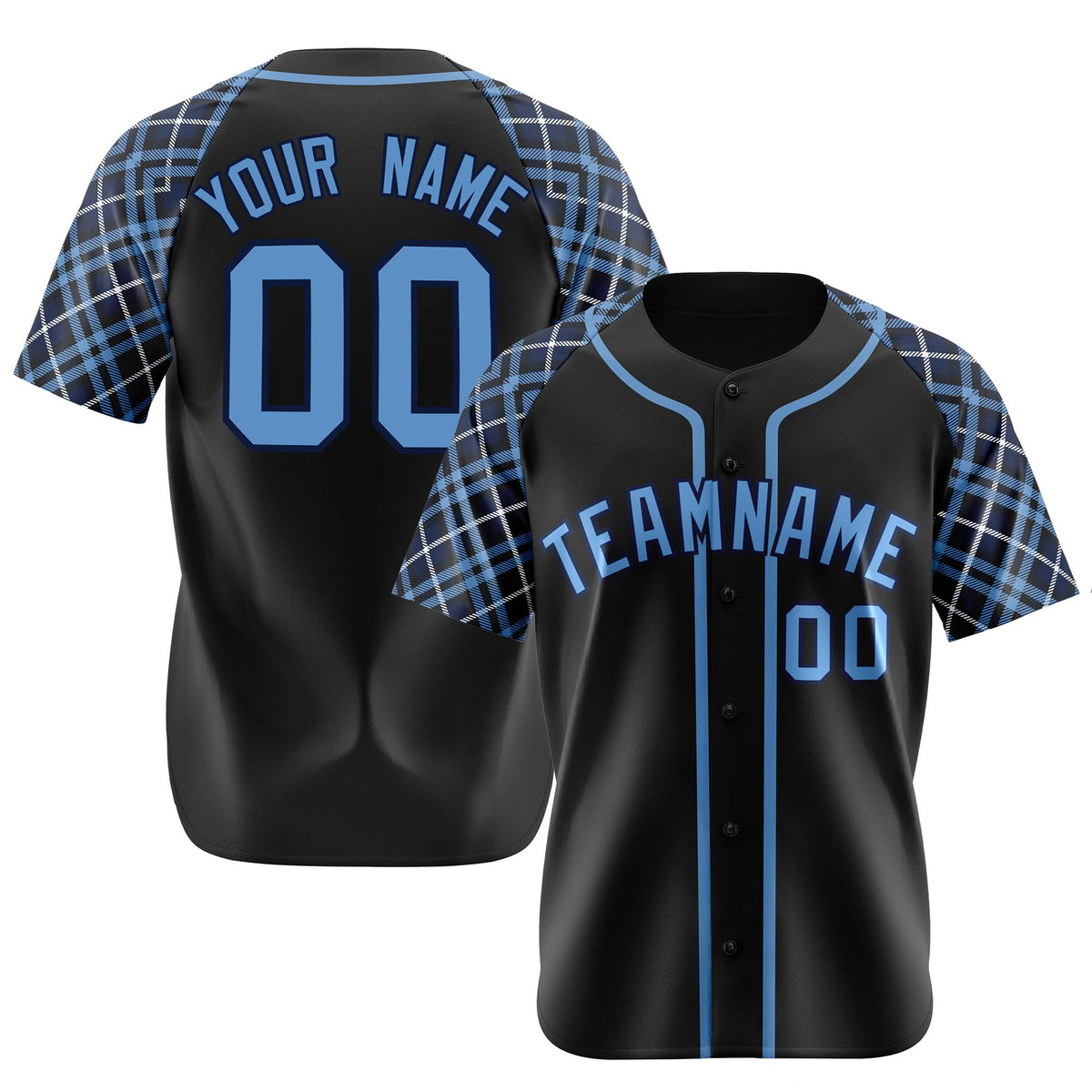 Custom Black Blue Authentic Plaid sleeve Baseball Jersey