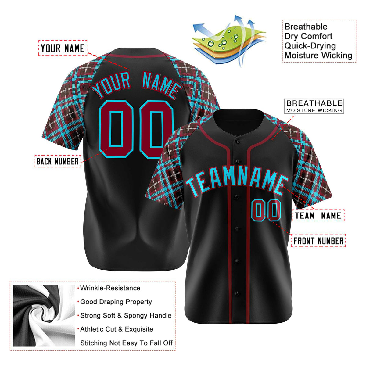 Custom Black Burgundy Light-Blue Authentic Plaid sleeve Baseball Jersey