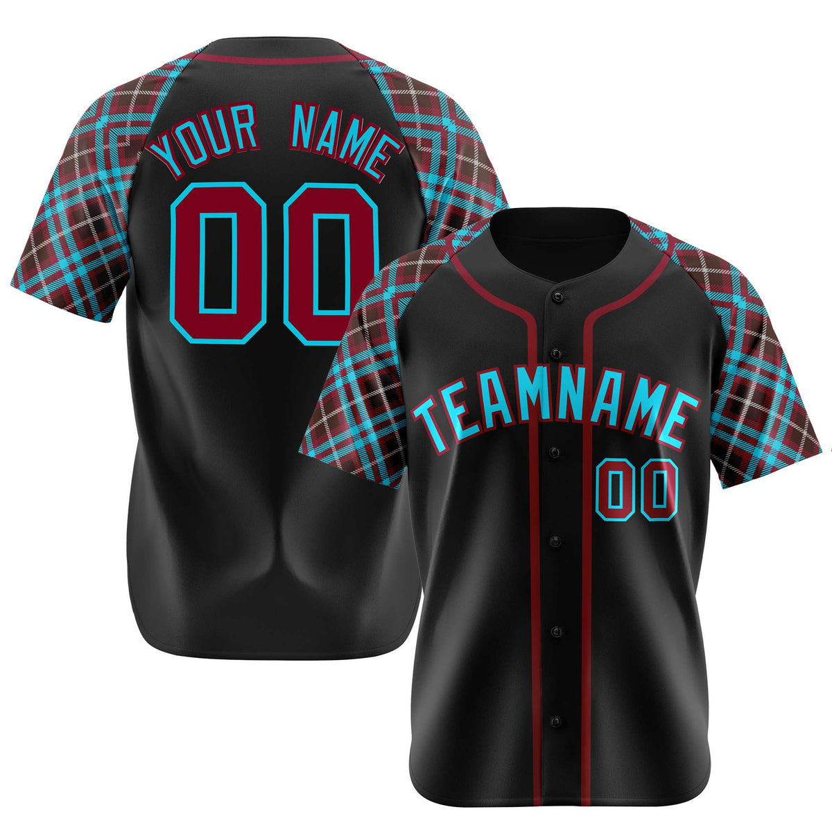 Custom Black Burgundy Light-Blue Authentic Plaid sleeve Baseball Jersey