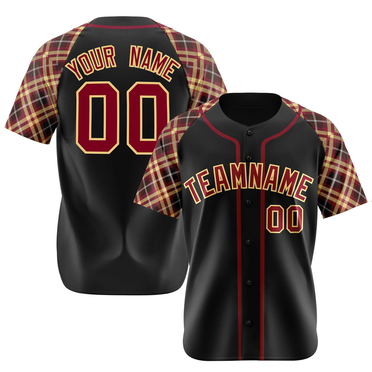 Custom Black Burgundy Old-Gold Authentic Plaid sleeve Baseball Jersey