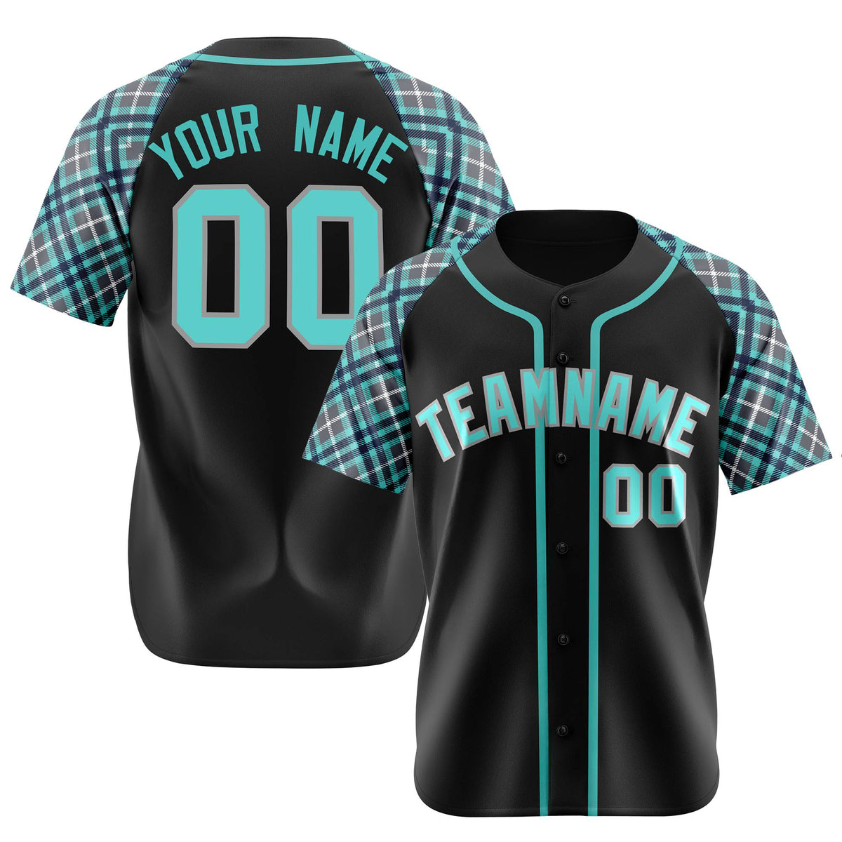 Custom Black Light-Bule Navy Authentic Plaid sleeve Baseball Jersey