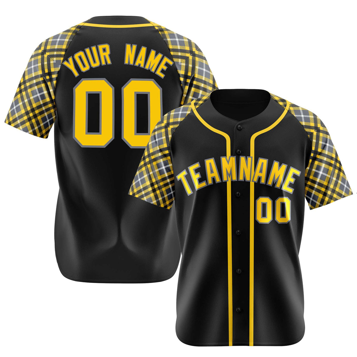 Custom Black Yellow-Gray Authentic Plaid sleeve Baseball Jersey