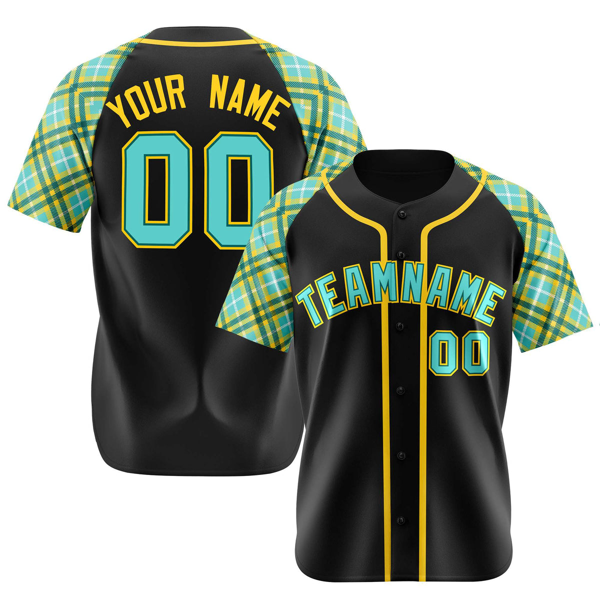 Custom Black Yellow Light-Bule Authentic Plaid sleeve Baseball Jersey