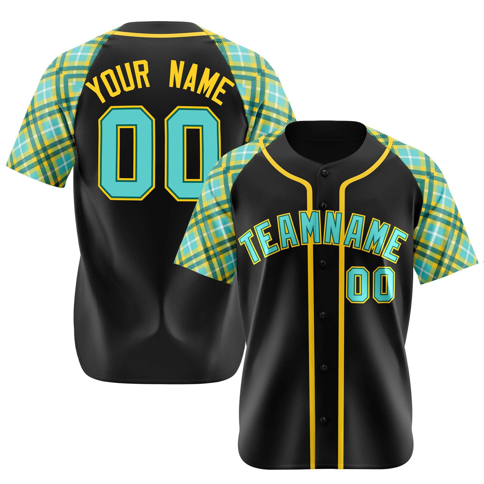 Custom Black Yellow Light-Bule Authentic Plaid sleeve Baseball Jersey