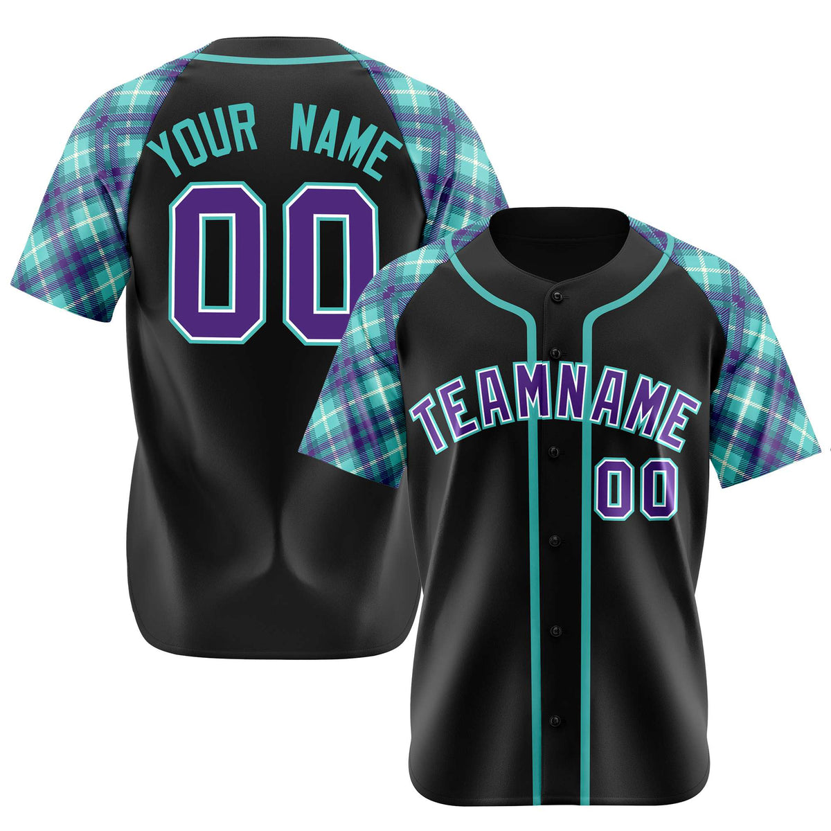 Custom Black Purple Light-Bule Authentic Plaid sleeve Baseball Jersey