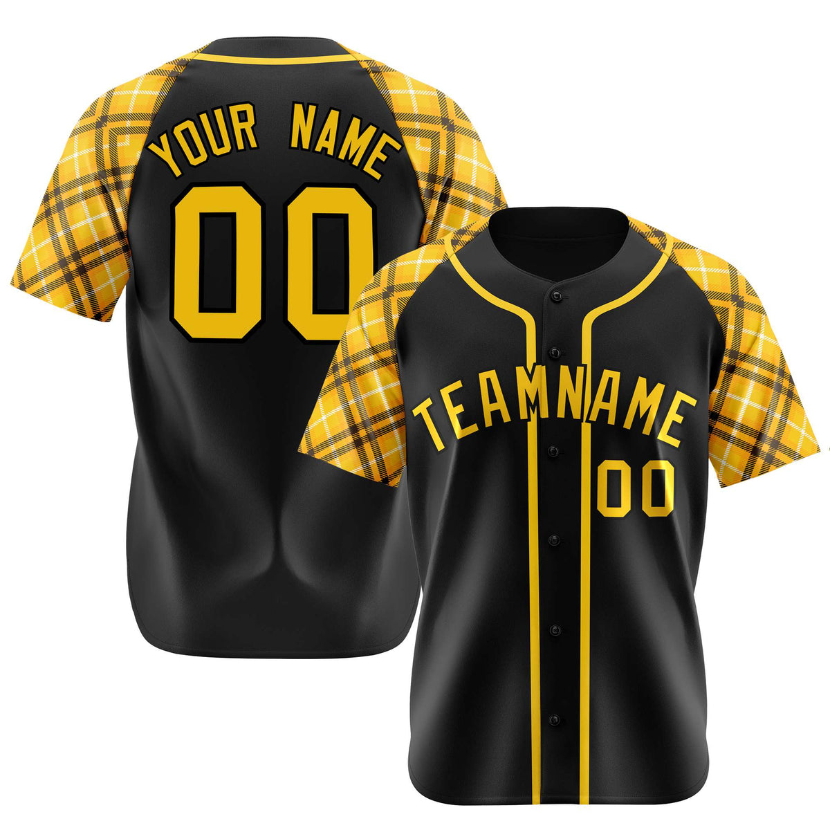 Custom Black Yellow-White Authentic Plaid sleeve Baseball Jersey