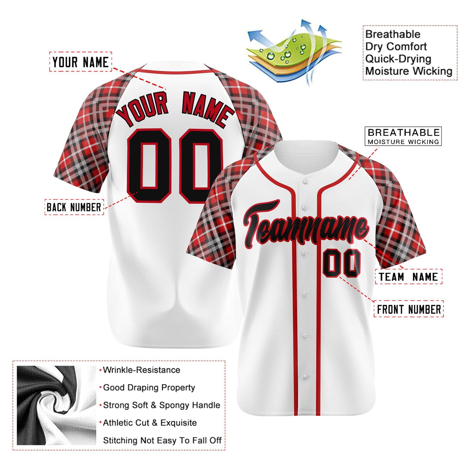 Custom White Crimson-Black Authentic Plaid sleeve Baseball Jersey