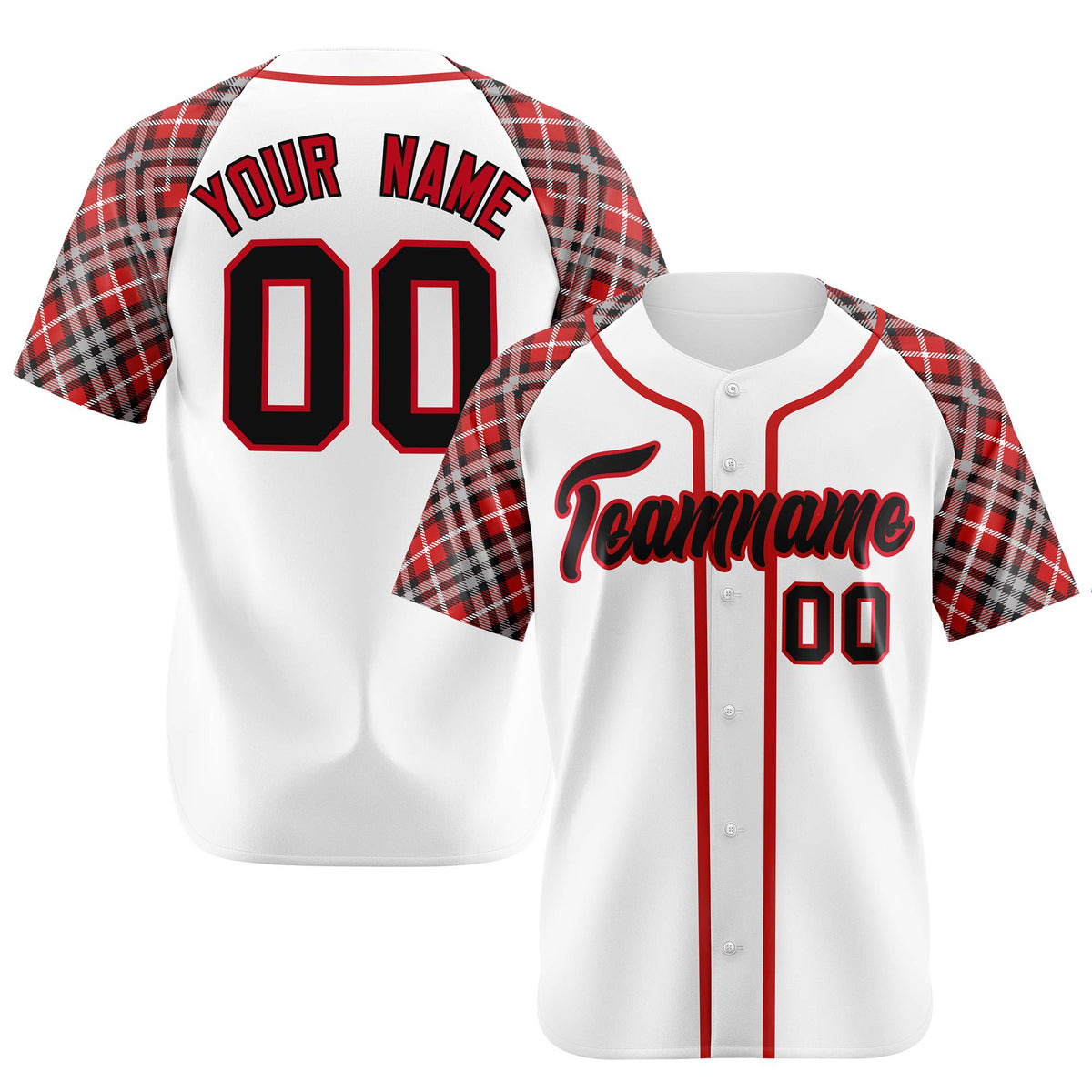 Custom White Crimson-Black Authentic Plaid sleeve Baseball Jersey