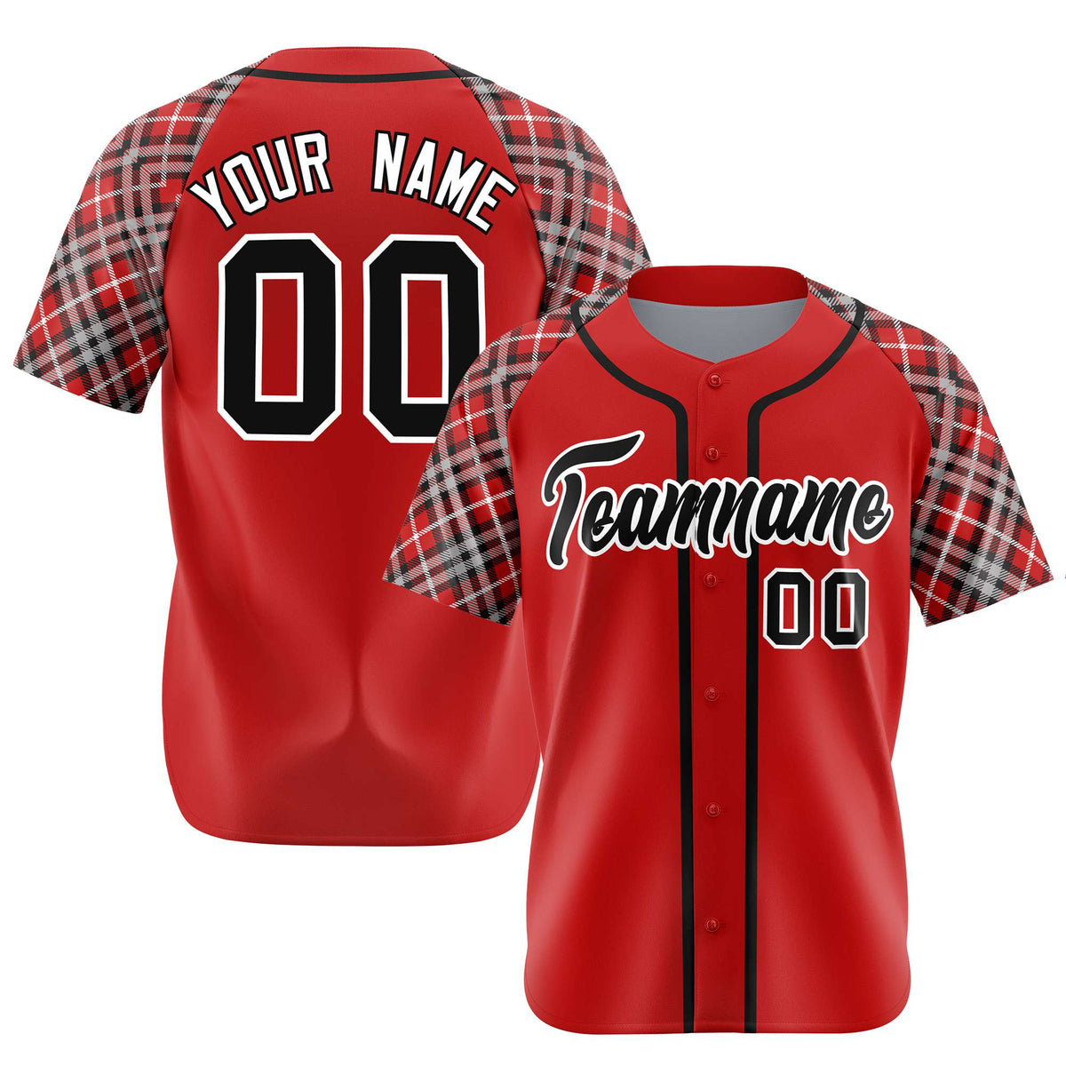 Custom Red Brown-Black White Authentic Plaid sleeve Baseball Jersey