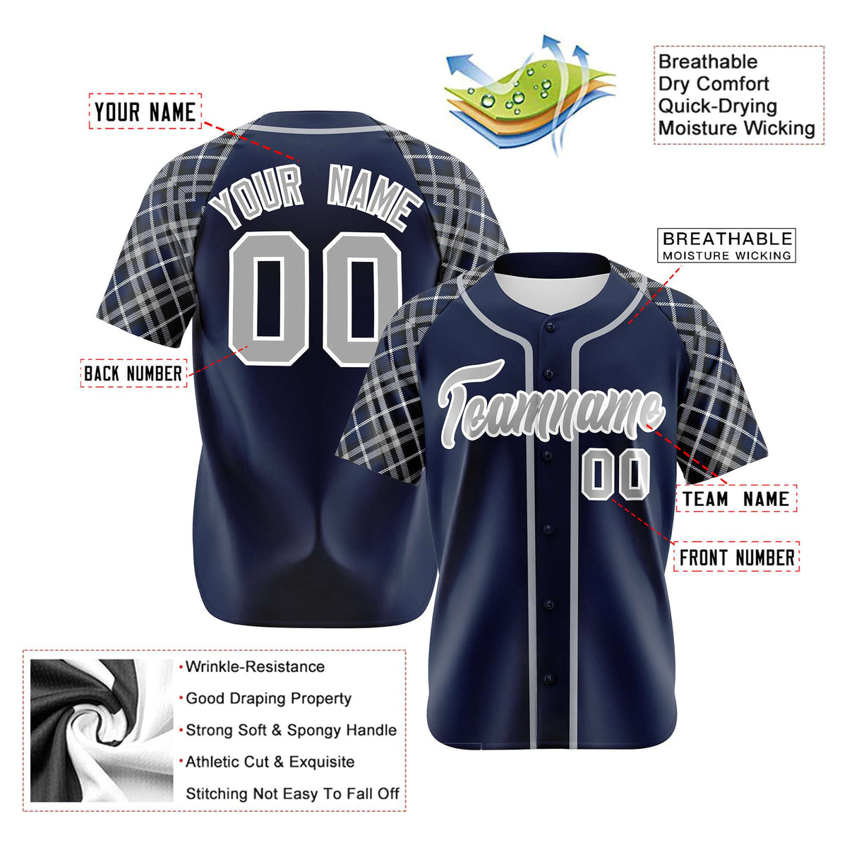 Custom Navy Gray-White Authentic Plaid sleeve Baseball Jersey