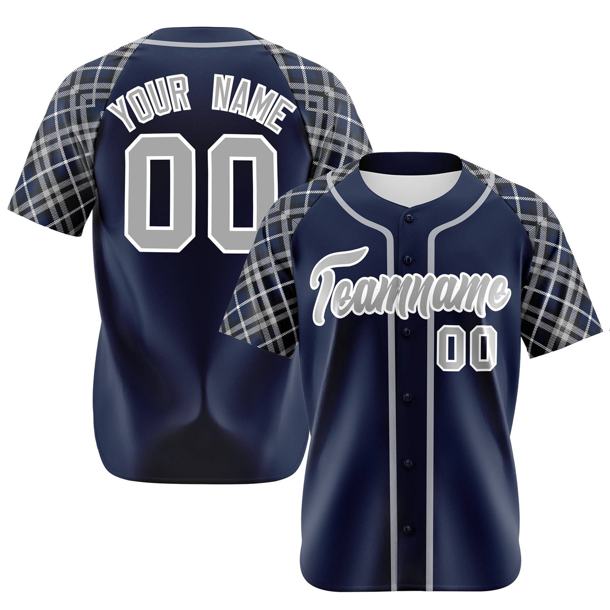 Custom Navy Gray-White Authentic Plaid sleeve Baseball Jersey