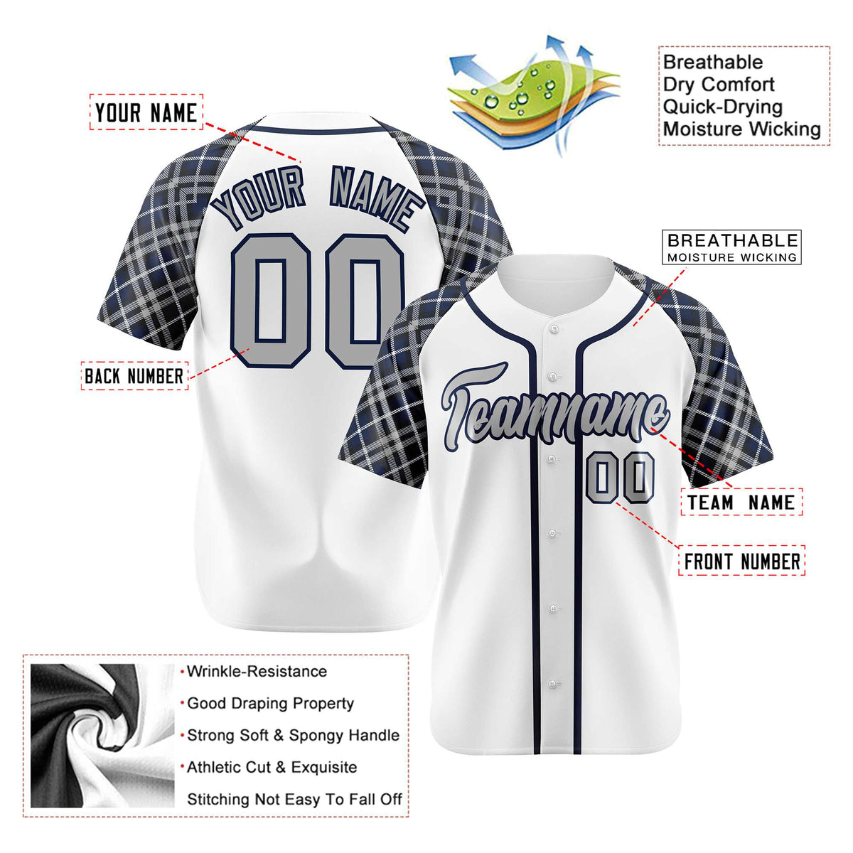 Custom White Gray-Navy Authentic Plaid sleeve Baseball Jersey