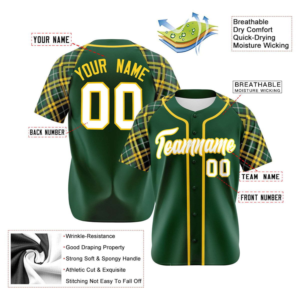 Custom Kelly Green Gold-White Authentic Plaid sleeve Baseball Jersey