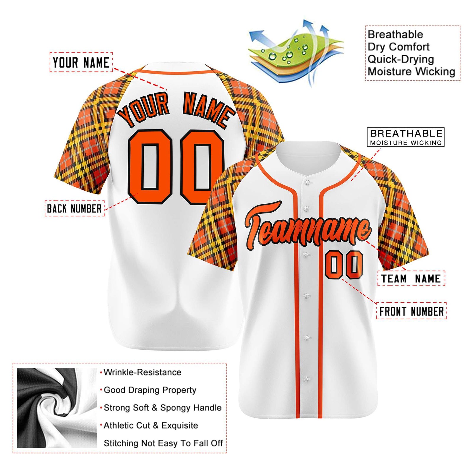 Custom White Orange-Yellow Authentic Plaid sleeve Baseball Jersey