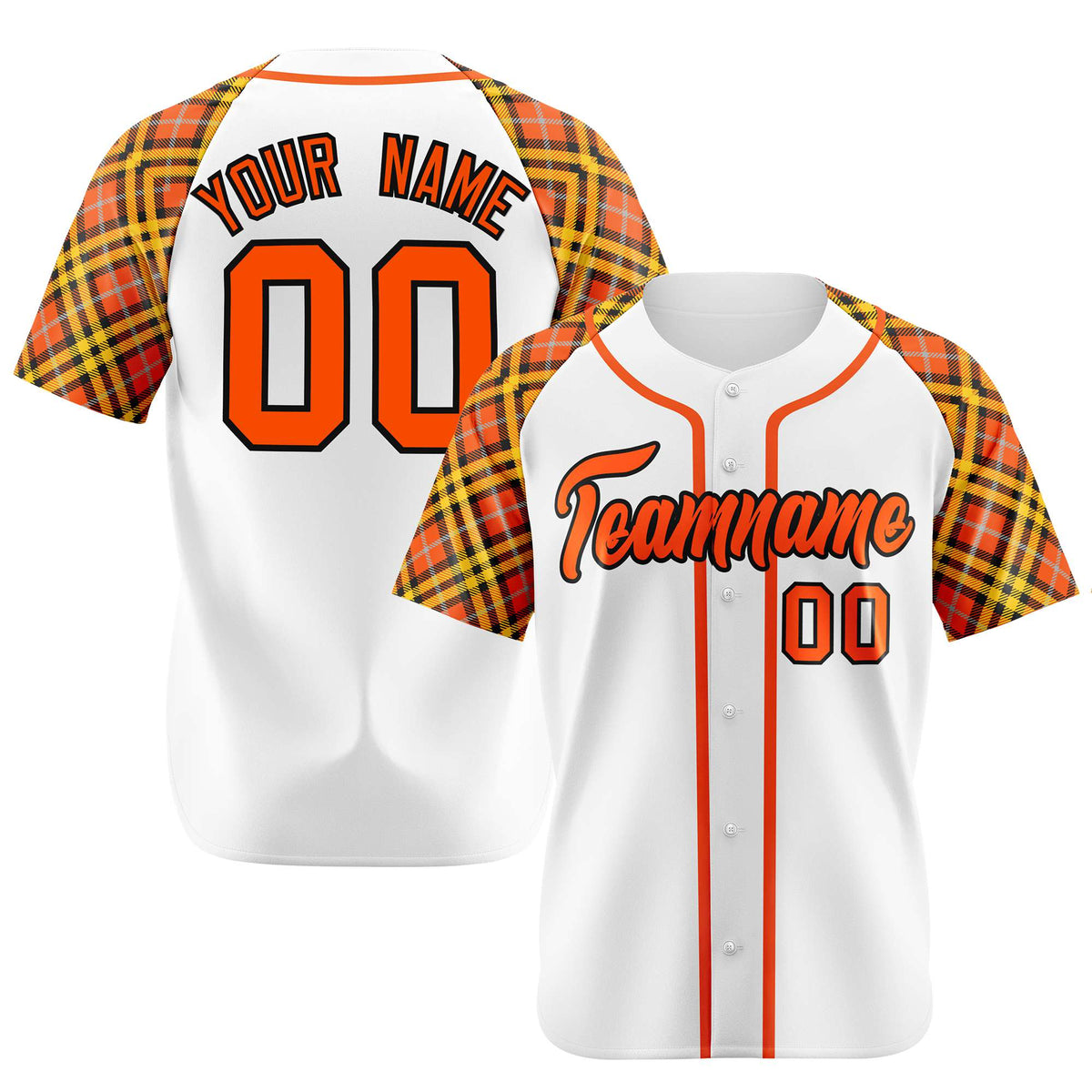 Custom White Orange-Yellow Authentic Plaid sleeve Baseball Jersey