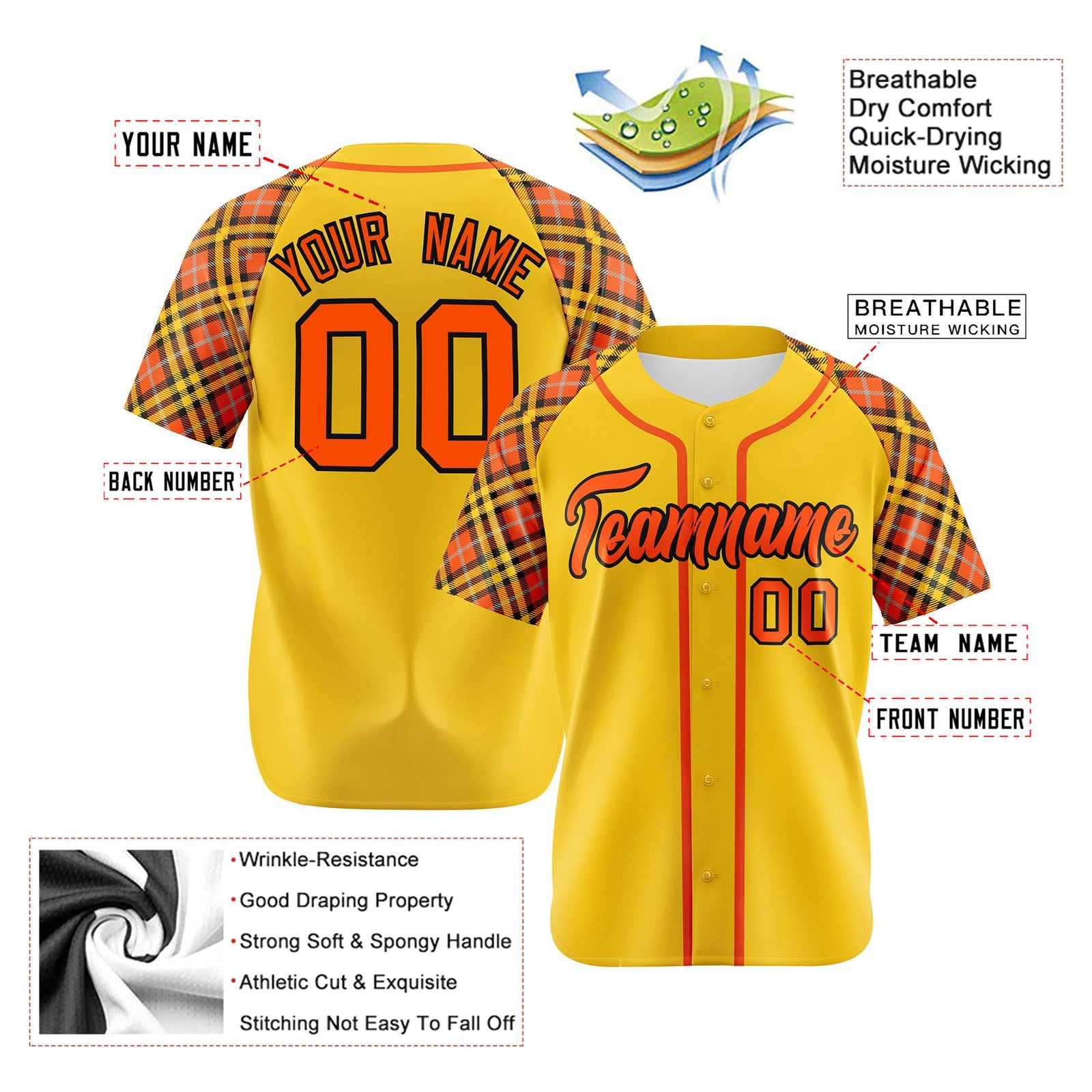 Custom Yellow Orange-Black Authentic Plaid sleeve Baseball Jersey