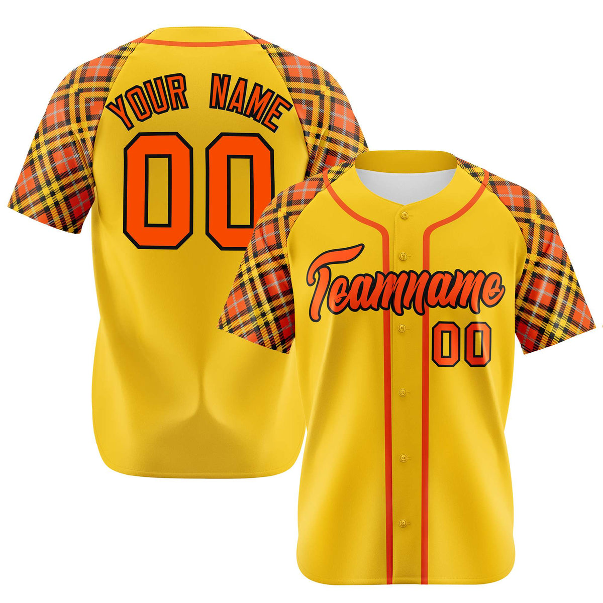 Custom Yellow Orange-Black Authentic Plaid sleeve Baseball Jersey