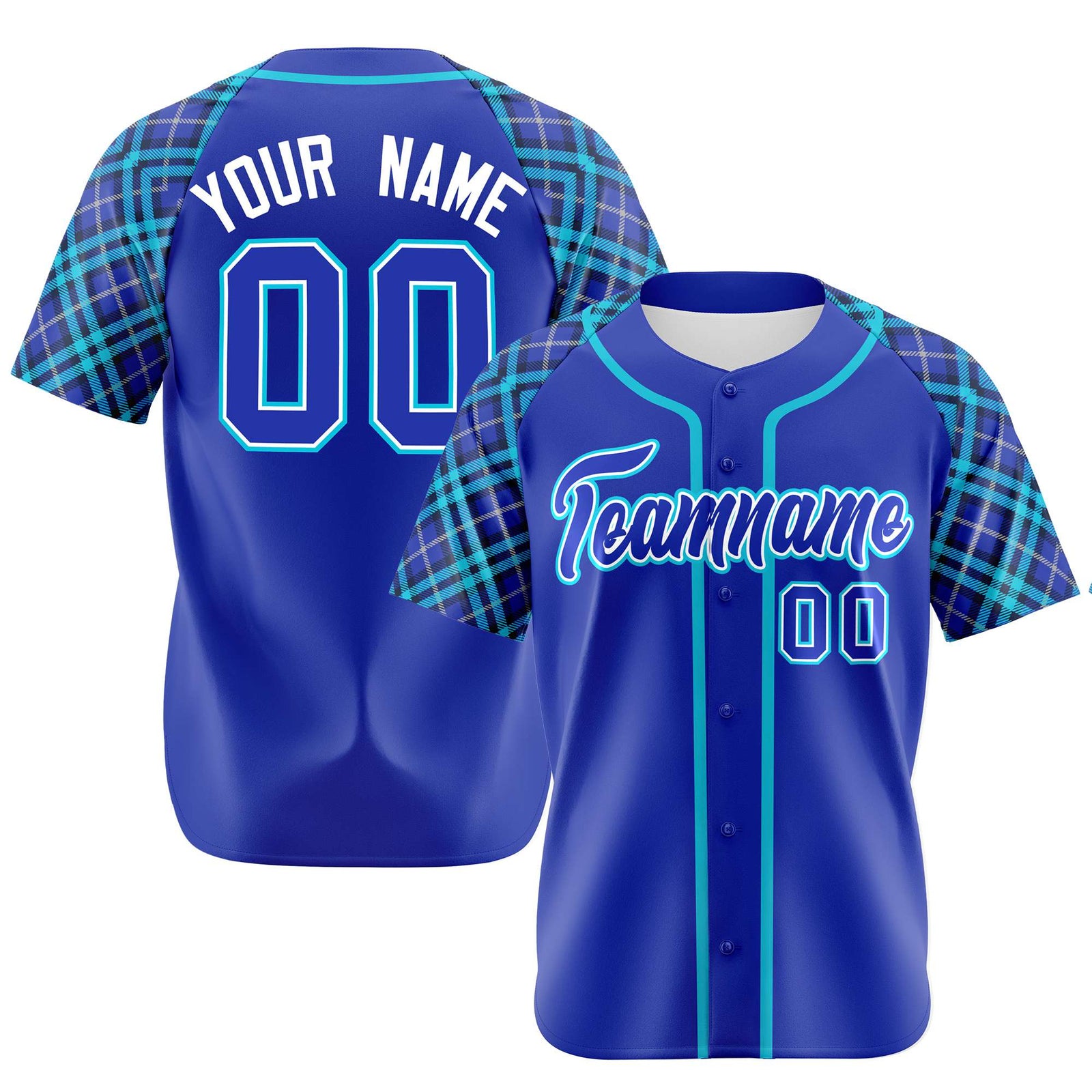 Custom Electric Blue Light Blue White Authentic Plaid sleeve Baseball Jersey