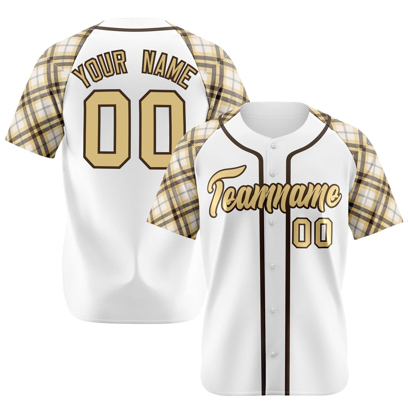Custom White Old-Gold Black Authentic Plaid sleeve Baseball Jersey