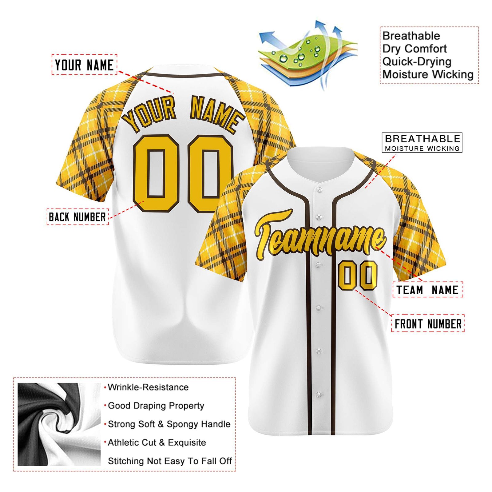Custom White Yellow-Black Authentic Plaid sleeve Baseball Jersey