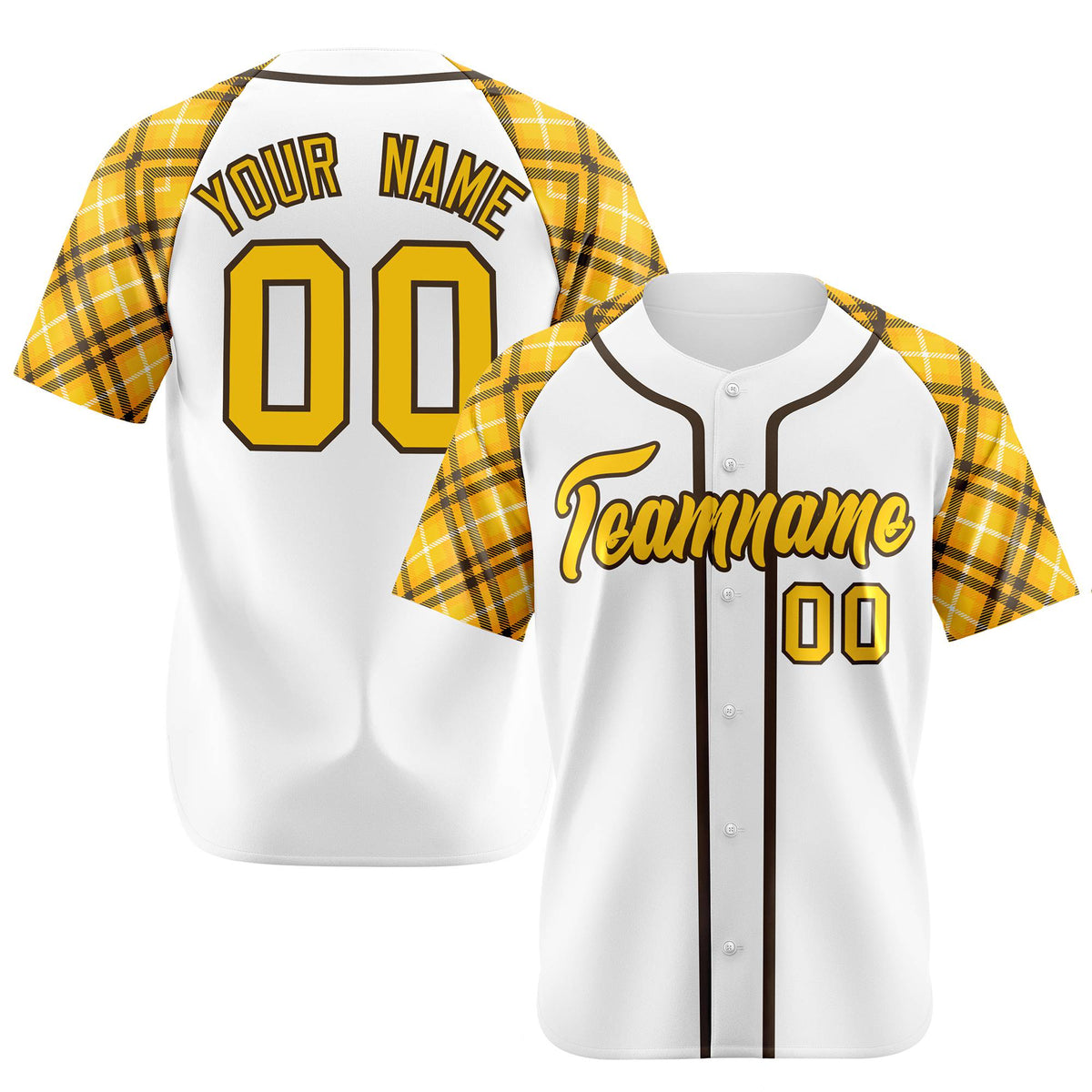Custom White Yellow-Black Authentic Plaid sleeve Baseball Jersey