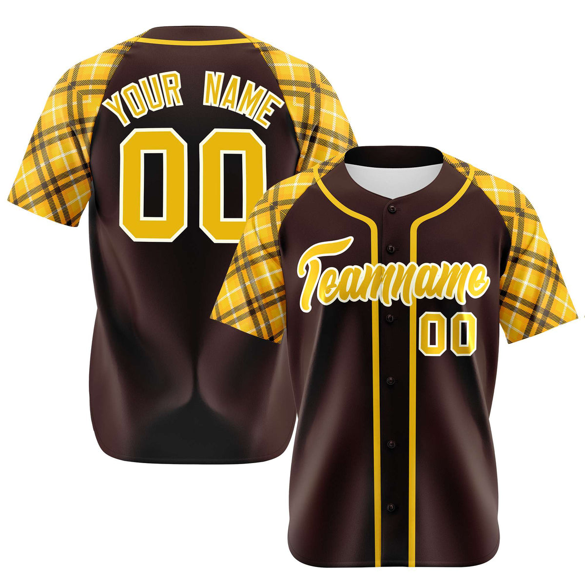 Custom Brown Yellow-White Authentic Plaid sleeve Baseball Jersey