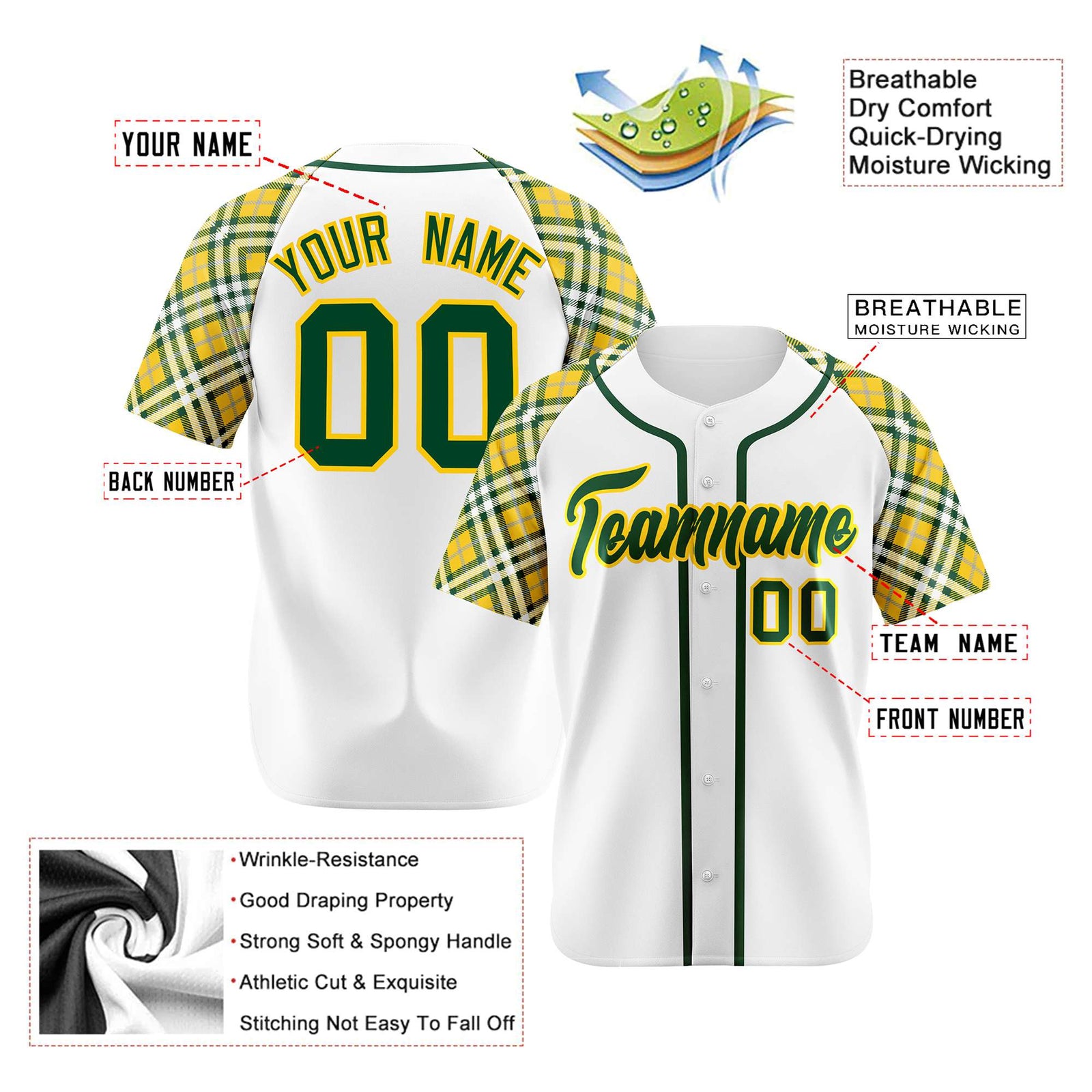 Custom White Yellow-Green Authentic Plaid sleeve Baseball Jersey