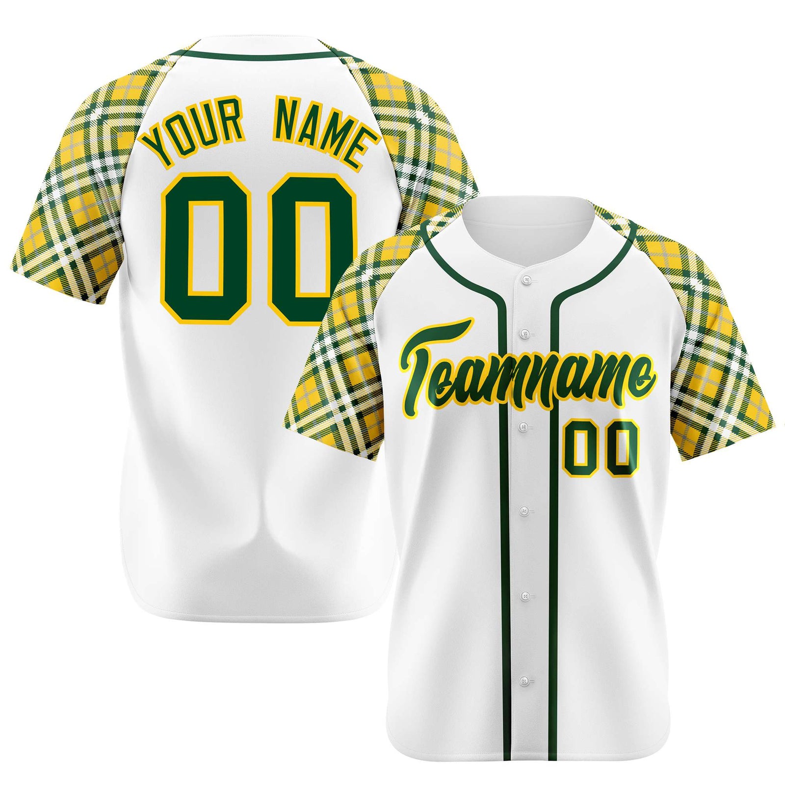 Custom White Yellow-Green Authentic Plaid sleeve Baseball Jersey