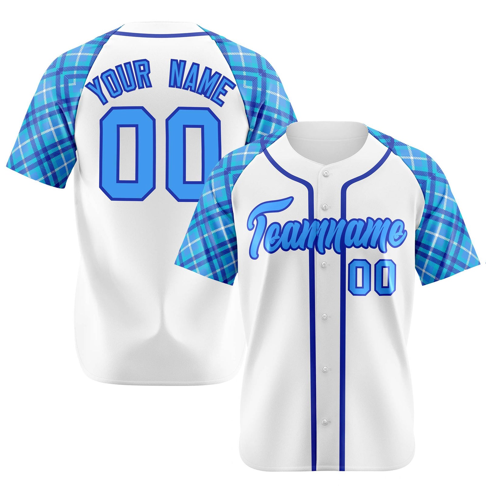 Custom White Purple-Blue Authentic Plaid sleeve Baseball Jersey